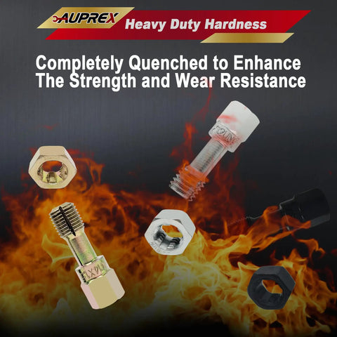 Heavy duty hardness threaded bolts and nuts showcased with flames, emphasizing strength and wear resistance.