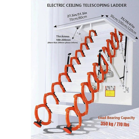 Heavy Duty Electric Pull Down Attic Ladder Telescoping Folding Loft Stairs with orange handles and white steps for easy access.
