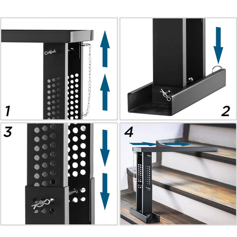 Sturdy Ladder Extender And Stabilizer For Stair Work, Adjustable 12.25 To 19.7 Inch Height, detail view of chain pin lock and usage on stairs.