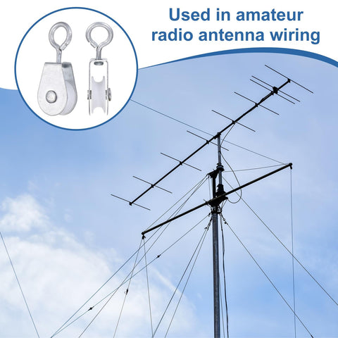 Mini Iron Pulley Wheel Set 0.43 Inch Inner Diameter 2.32 Inch Length 10 Pack Single Sheave Lifting Pulley For Wire Rope Outdoor Clotheslines And Amateur Radio Loop Antennas Built Tough Quiet Smooth Operation in use with radio antenna mounted on a tower.
