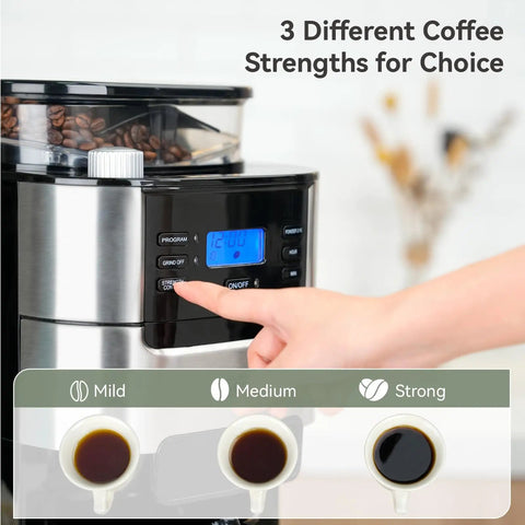 Close-up of control panel on black Electric Coffee Grinder With 35 Grind Settings for espresso, drip, and French press.