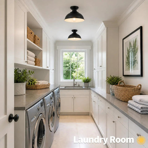 Laundry room with 2 pack semi flush mount ceiling light fixtures farmhouse black industrial metal cage kitchen hallway bedroom lights with E26 base 13 inch wide bulbs not included