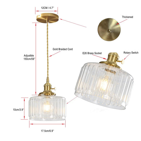 Vintage Glass Pendant Light With Brass Socket And On Off Switch, Green Striped Shade For Kitchen Island And Farmhouse Living Room diagram