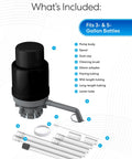 Universal Water Bottle Pump For 1 To 5 Gallon Jugs Manual Dispenser parts including pump body, tubing, and accessories.