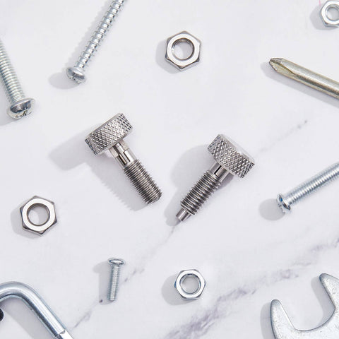 Retractable Spring Plunger With Knurled Handle M6 Quick Release Pins, 0.500 Inch Thread Length, silver, shown with tools