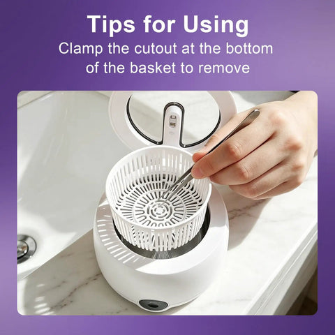 Using the Dual Ultrasonic And UV Retainer Cleaner for dentures and Invisalign, showing basket removal with tool.