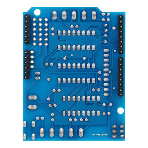 Alt Tag: Back view of Dual H Bridge Motor Driver Shield for Arduino and Raspberry Pi, four-channel module for 10V motors up to 0.6A per channel.