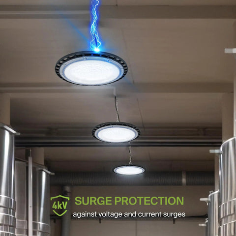 UFO LED High Bay Light 150W Dimmable, 19,479 Lumens, 5000K Daylight in industrial space with surge protection