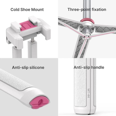 Close-up of Extendable Phone Tripod And Selfie Stick For Vlogging, featuring cold shoe mount, three-point fixation, anti-slip silicone, and handle.