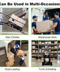 Heavy Duty Electric Stair Climber Dolly With Rubber Tracks For Hauling Furniture Appliances And Industrial Gear Up To 771 Lbs Using Powerful 1200W Motor Plus Foldable Design For Easy Storage And Smooth Moves in use for stair climbing, warehouse work, dock loading, and truck unloading.