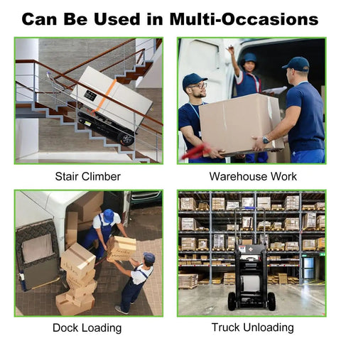 Heavy Duty Electric Stair Climber Dolly With Rubber Tracks For Hauling Furniture Appliances And Industrial Gear Up To 771 Lbs Using Powerful 1200W Motor Plus Foldable Design For Easy Storage And Smooth Moves in use for stair climbing, warehouse work, dock loading, and truck unloading.