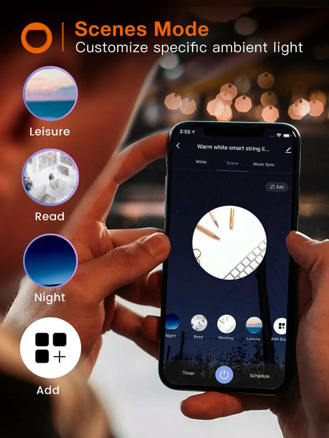 Person using app for 96ft Smart Outdoor String Lights With Remote And App Control Dimmable Patio Lit Vibe Lights With 30 Waterproof Edison Bulbs