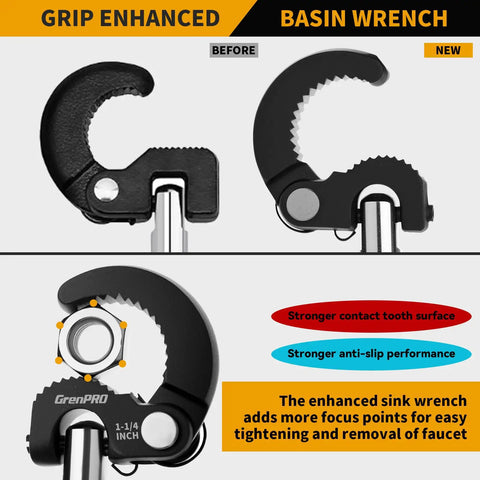 Grip-enhanced 11 Inch Basin Wrench with adjustable jaws and swivel head, shown with new stronger contact tooth surface