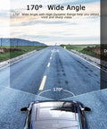 Dual Front And Rear Dash Cam For Cars With 1080P HD Recording, 170 Degree Wide Angle view, showing road coverage.