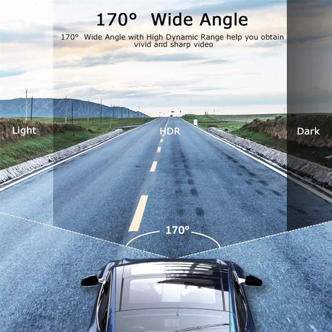 Dual Front And Rear Dash Cam For Cars With 1080P HD Recording, 170 Degree Wide Angle view, showing road coverage.