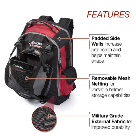 Welding Gear Backpack For Pros, All In One PPE And Electronics Storage, Rugged Ballistic Nylon Build showing features like mesh net and fabric.
