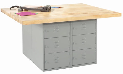 Heavy Hitter Four Station Workshop Workbench With Locker Base Setup Fresh Maple Butcher Block Top Gray Steel Frame, side view with pink papers.