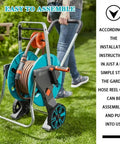 Mobile Garden Hose Reel With Smooth Rolling Wheels And Foldable Handle Heavy Duty Water Hose Cart For Backyard Irrigation Includes Forty Meter Pipe For Zero Stress Gardening And Fast Cleanup with easy assembly features.