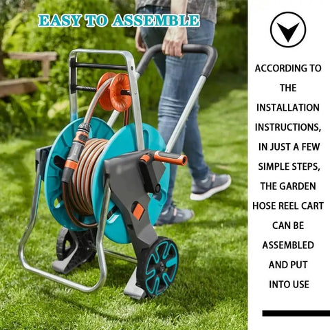 Mobile Garden Hose Reel With Smooth Rolling Wheels And Foldable Handle Heavy Duty Water Hose Cart For Backyard Irrigation Includes Forty Meter Pipe For Zero Stress Gardening And Fast Cleanup with easy assembly features.