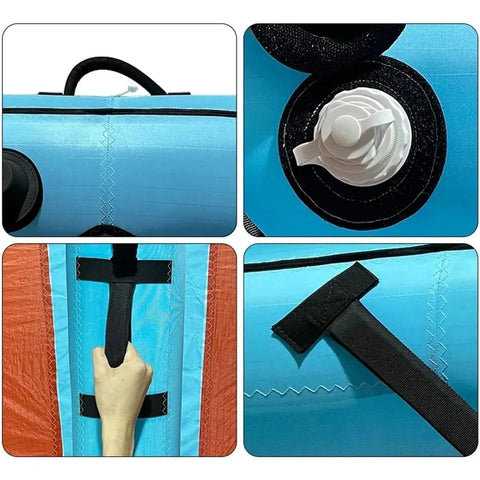 Features of Surge Wing With Two Window Design for wind wing foiling including nylon handle, valve, and durable polyester material.