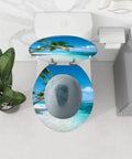 Durable Resin Round Toilet Seat Cover Adorned With Tropical Beach Thatched Roof Umbrella Graphics Quick Release Pins and smooth self-closing lids in a bathroom setting.