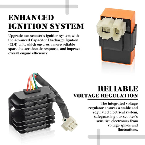 Beefed Up High Performance 6 Pin AC CDI Box Ignition Coil Kit with Voltage Regulator, ideal for scooters and ATVs.