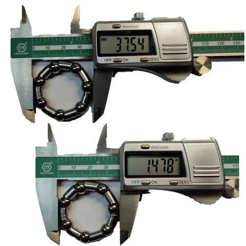 Digital calipers measuring Beefed Up Crank Bearing Set Five Sixteenth Inch Seven Ball Stainless Steel Bearings dimensions