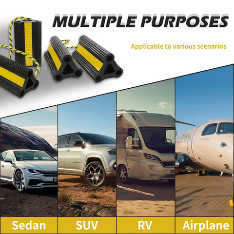 Heavy Duty Wheel Chocks For RV Trailer Camper And Truck Car with rope and yellow reflective tape for visibility in various vehicles