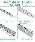 Detail view of Six Piece 12 Inch Stainless Steel Piano Hinges Heavy Duty Pre Drilled Build Rust Resistant Finish for cabinets.