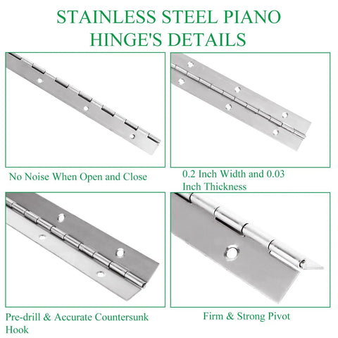 Detail view of Six Piece 12 Inch Stainless Steel Piano Hinges Heavy Duty Pre Drilled Build Rust Resistant Finish for cabinets.
