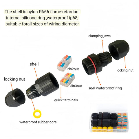 IP68 Waterproof Outdoor Junction Box Kit With 2 Pin And 3 Pin Cable Connectors showing components and rubber seal