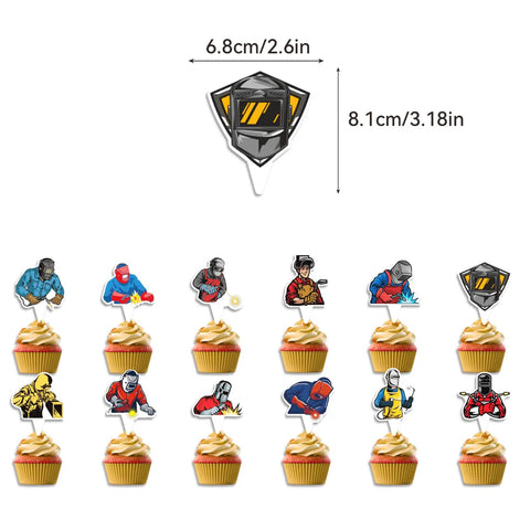 Welding Theme Birthday Party Decor Kit With Happy Birthday Banner Cake Topper Cupcake Toppers Balloons And Ribbon For Electric Welder Celebration cupcake toppers with welder designs.