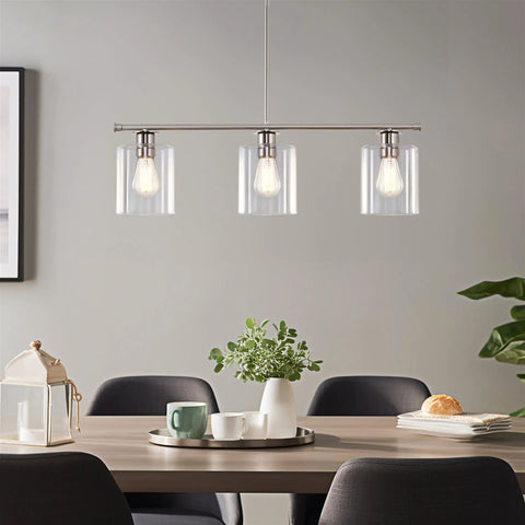 Three Light Kitchen Island Fixture With Clear Glass Cylinder Shades In Warm Brass Finish, Modern Industrial Farmhouse Pendant Lighting With Adjustable Hanging Height For Custom Height