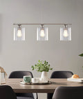 Sloane 31-Inch 3-Light Modern Industrial Farmhouse Island Light With Clear Glass Shades, Adjustable Hanging Height, Brushed Nickel Finish