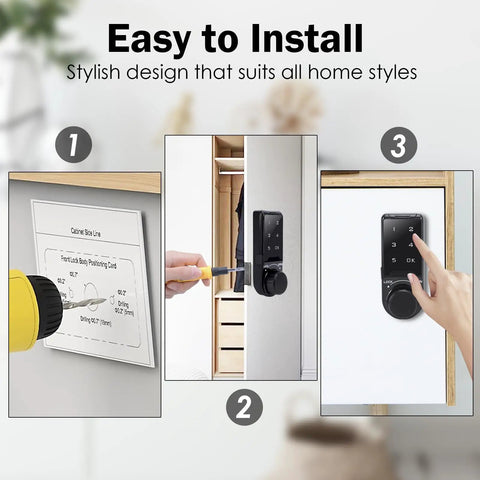 Installation steps for Heavy Duty Electronic Cabinet Deadbolt Lock Featuring Touch Password Keyless Entry on furniture.