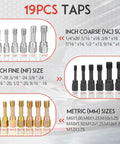 Image showing 19PCS taps in inch coarse, inch fine, and metric sizes from 42 Piece Thread Restorer Kit With Taps Dies And Rethread Files.