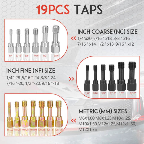 Image showing 19PCS taps in inch coarse, inch fine, and metric sizes from 42 Piece Thread Restorer Kit With Taps Dies And Rethread Files.