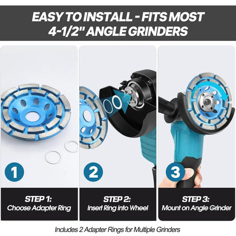 Installation steps for Four And One Half Inch Diamond Cup Grinding Wheel Double Row Heavy Duty Cup Disc With Seven Eighths To Five Eighths Inch Arbor Adapters