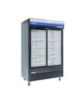 Heavy Duty Commercial Refrigerator 45 Cubic Feet With Double Sliding Glass Doors And Black Finish, featuring adjustable shelves.