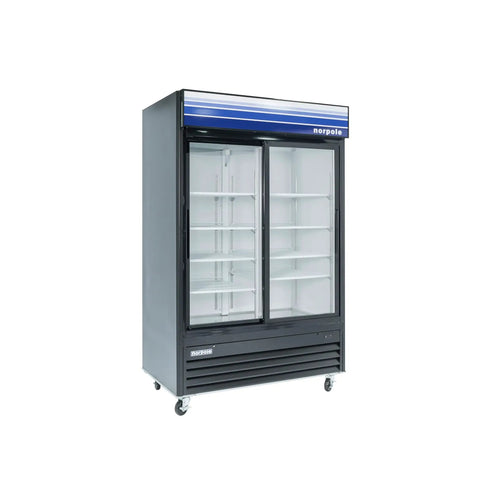 Heavy Duty Commercial Refrigerator 45 Cubic Feet With Double Sliding Glass Doors And Black Finish, featuring adjustable shelves.