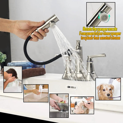 Brushed Nickel Bathroom Faucet With Pull Out Sprayer For 3 Hole 4 Inch Centerset Vanity Lavatory Sink Eco Friendly 304 Stainless Steel Construction