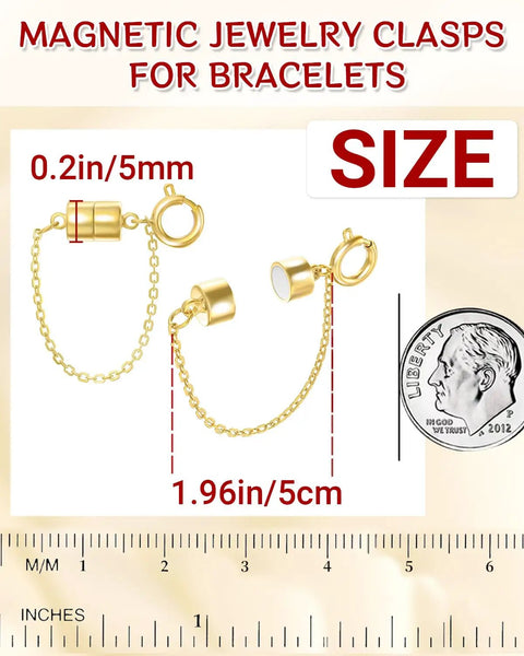 8 Piece Magnetic Bracelet Clasp Set With Safety Chain No Slip Gold And Silver Extender Converter Magnetic Clasps For Women Jewelry Making And Replacement Closures, shown in detailed size view with a ruler and dime for scale.