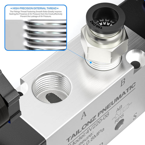 Close-up of Heavy Duty Beefy Pneumatic Solenoid Valve 4V220-08 DC24V Double Coil Pilot Operated 2 Position 5 Way Electric Valve.