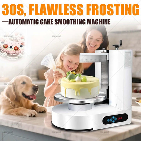 Child using Powerful Cake Icing Smoothing Machine For Even Buttercream, Low Noise Frosting Tool in kitchen, LCD touch control visible