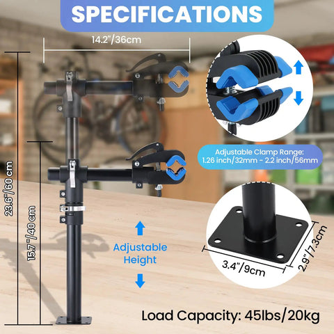 Height Adjustable Bike Repair Stand With Wall Mount Space Saving Workbench dimensions and features.