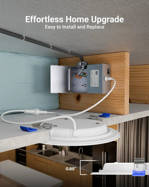 12 Pack 6-Inch LED Recessed Lights With Junction Box installation demonstration, showing slim canless ceiling downlight under cabinet.