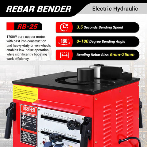 LOschten 1700W Desktop Electric Hydraulic Rebar Bender Zero To 180 Degrees for 6mm-25mm steel rods with control panel.
