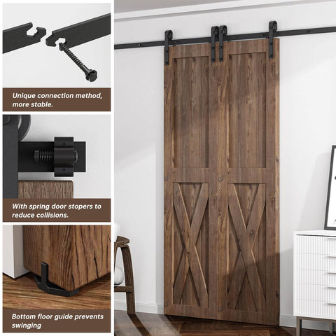 Six Foot Sliding Barn Door Hardware Kit For Double Doors With Smooth Quiet Track System Heavy Duty Carbon Steel Construction Supports Up To 330 Lbs Fits Doors From 1.18 To 1.96 Inches Thick 18 Inch Wide Doors J Shape Hangers installed on wooden doors