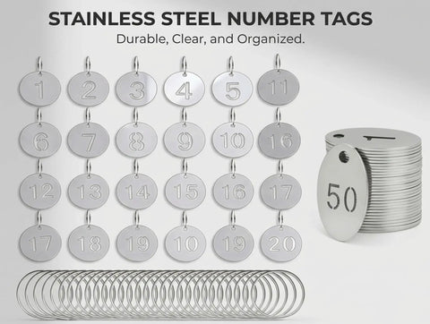 50 Pack Round Metal Key Tags 1 To 50 Stainless Steel ID Tags With Hole For Key Boxes Cabinets And Organization