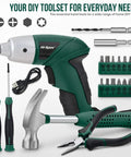 Straight Up 3.6V USB Rechargeable Electric Screwdriver Cordless Automatic Driver with accessories and tools in green.